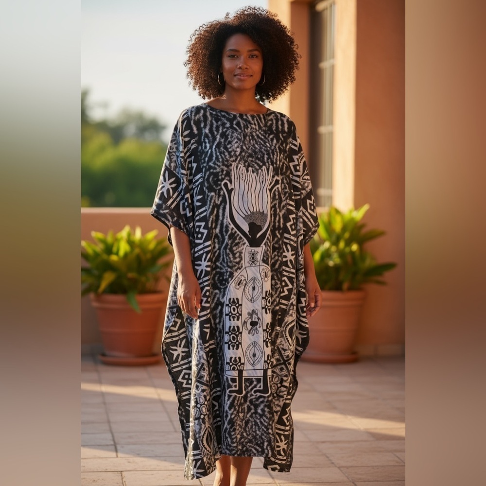 African Queen Black & Gray Kaftan Maxi Dress Overdress Cover Up - Picture 1 of 11